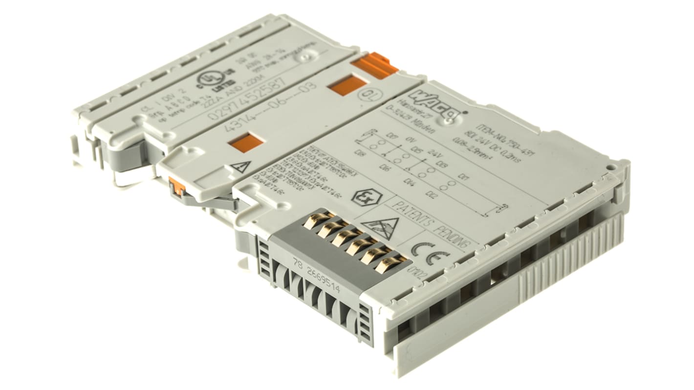 Modulo I/O digitale Wago 750-431, 8 ingressi 24 V CC, compatto 100 x 12 x 67,8 mm, montaggio su guida DIN.