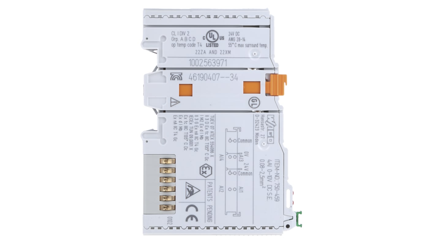 Modulo I/O Wago 750-459, 4 ingressi analogici 4-20 mA, risoluzione 12 bit, dimensioni 100 x 12 x 64 mm, per Serie 750.