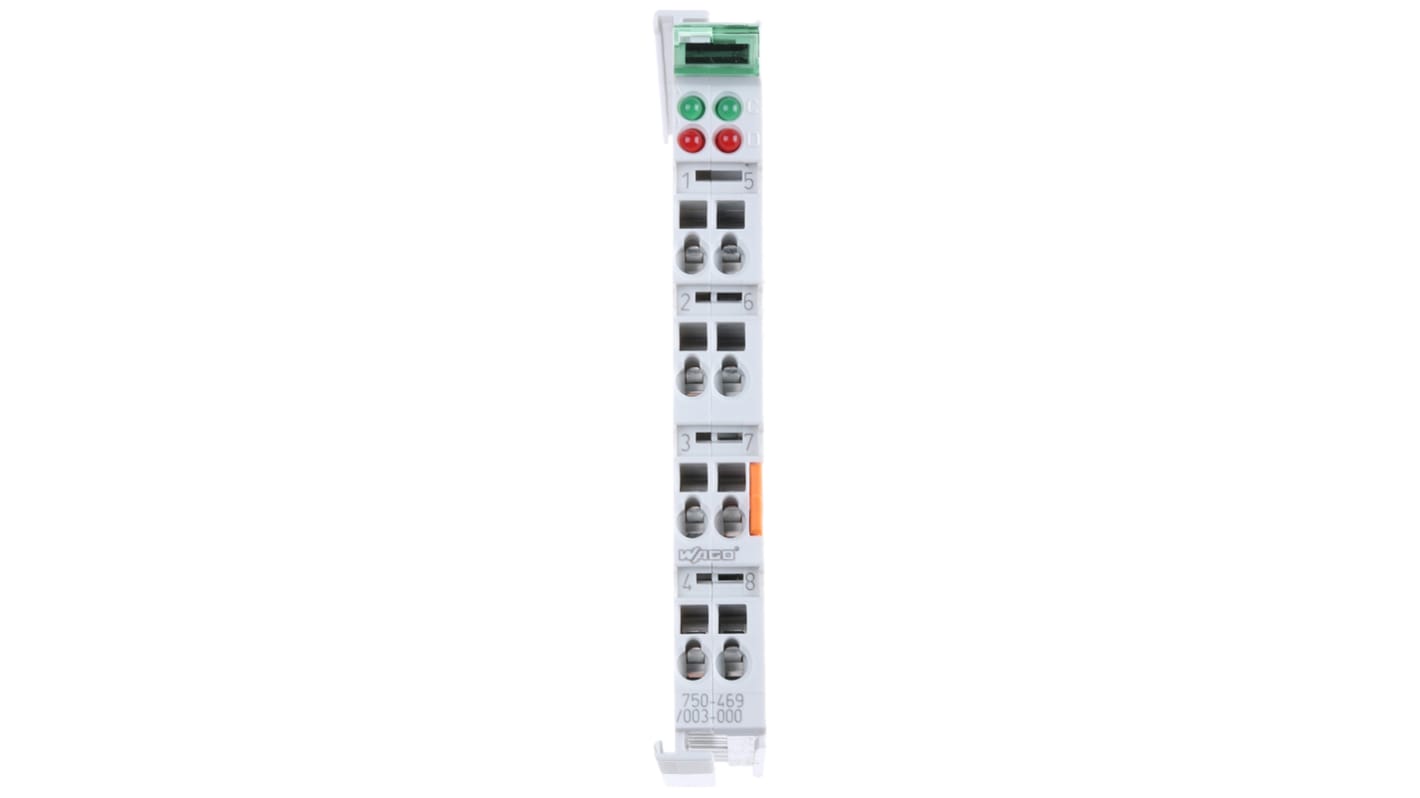 Modulo I/O Wago 750469003000, serie TM5, ingresso analogico, montaggio su guida DIN, dimensioni 100 x 12 x 69,8 mm.