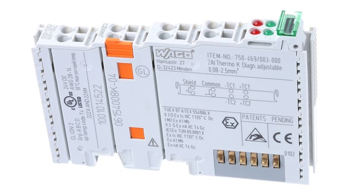 Modulo I/O Wago 750469003000, serie TM5, ingresso analogico, montaggio su guida DIN, dimensioni 100 x 12 x 69,8 mm.