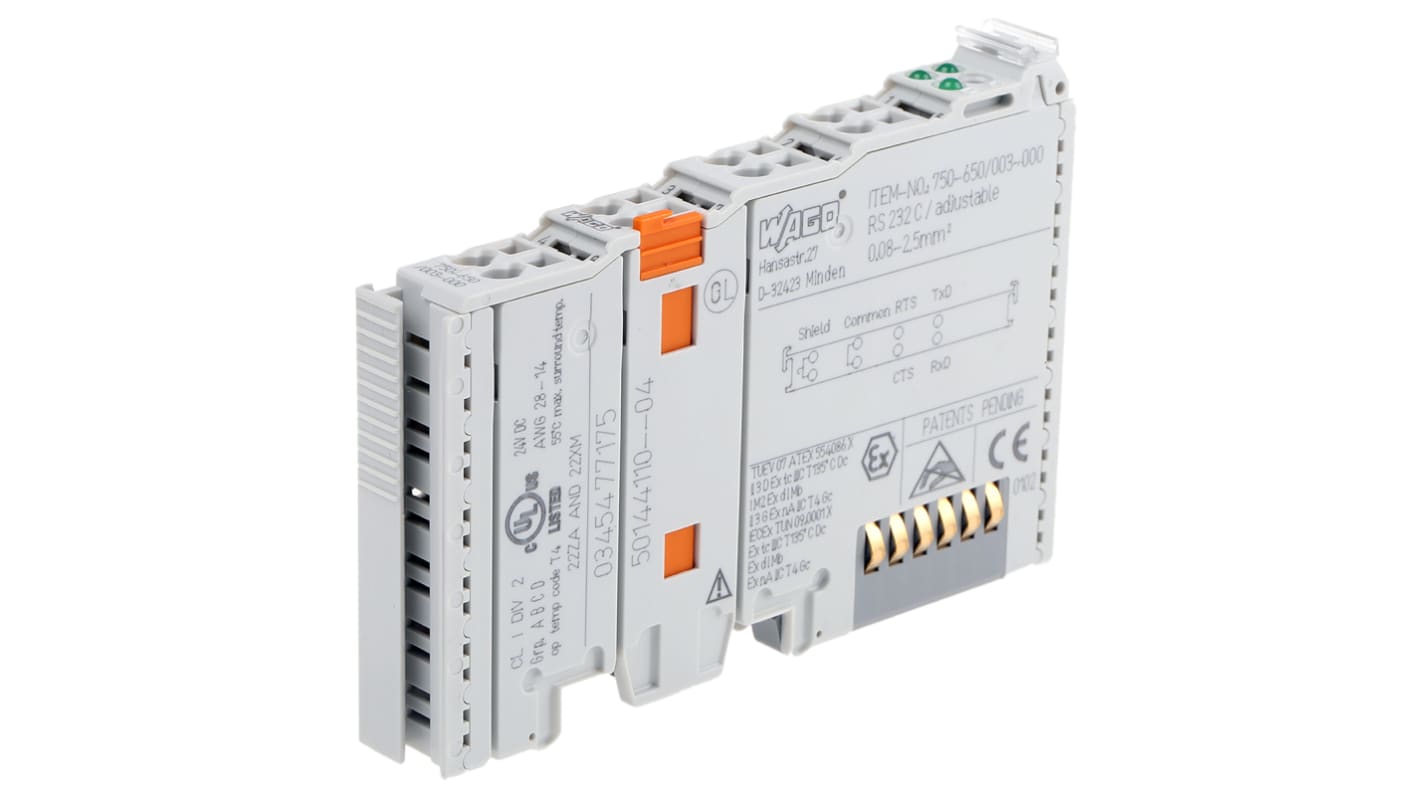 Modulo I/O Wago 750-650/003-000, 24 V c.c., dimensioni 64 x 12 x 100 mm, comunicazione full duplex, compatibile con I/O remoto.