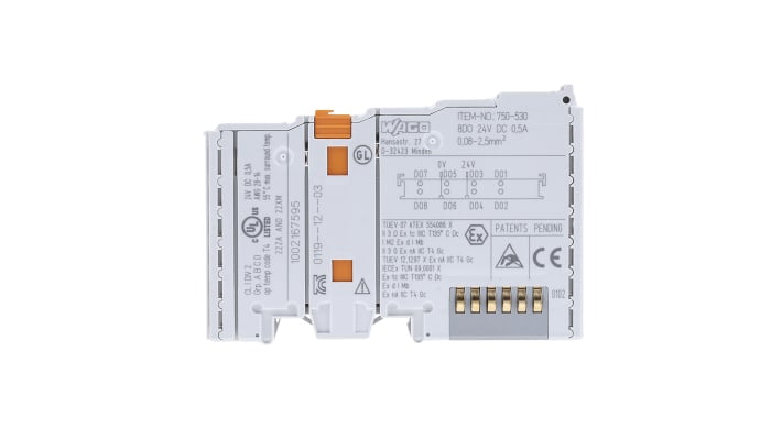 Modulo I/O digitale Wago 750-530, otto uscite, montaggio su guida DIN, dimensioni 67,8 x 12 x 100 mm.