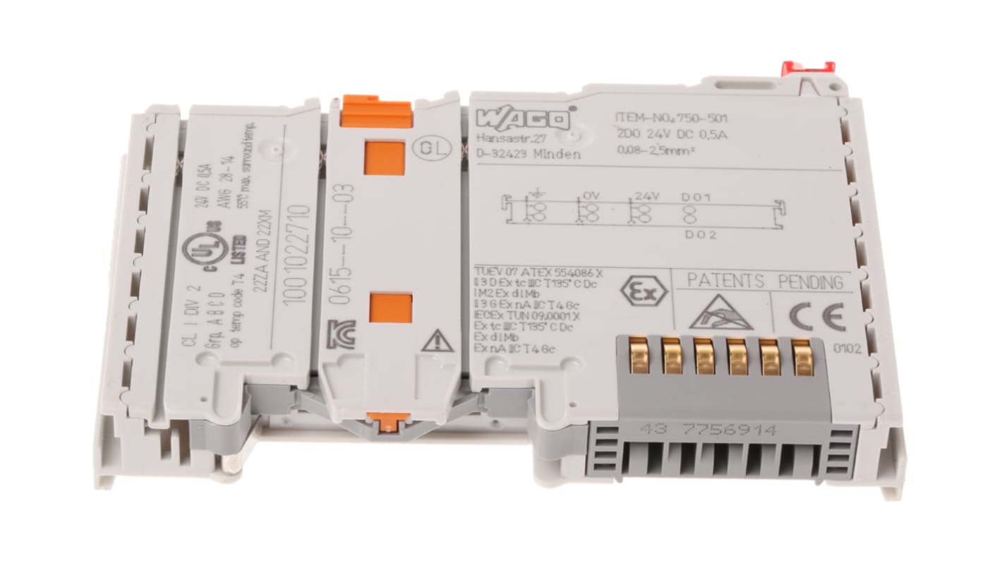Modulo I/O Wago 750-501, unità digitale TM5 con 2 canali, dimensioni 100 x 12 x 64 mm, collegamento rapido Cage Clamp.