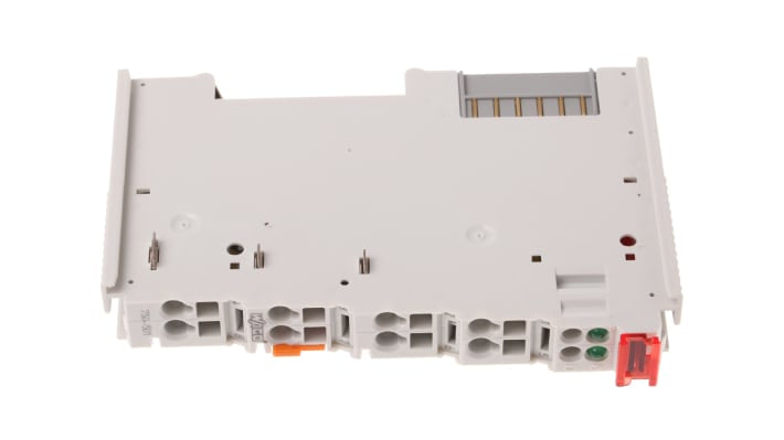 Modulo I/O Wago 750-501, unità digitale TM5 con 2 canali, dimensioni 100 x 12 x 64 mm, collegamento rapido Cage Clamp.