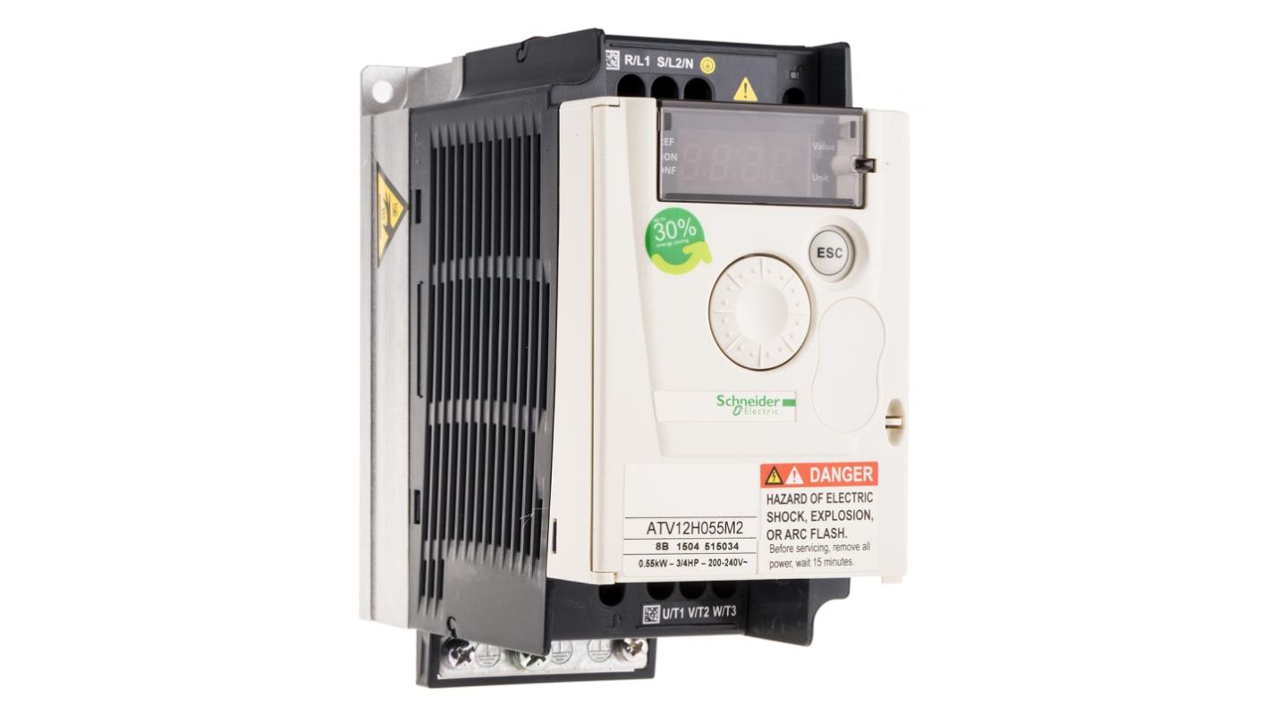 Inverter industriale Schneider Electric ATV12H055M2, 0,55 kW, 230 V c.a., 1 fase - Serie ATV 12. Regola la velocità dei motori con precisione, filtro EMC integrato. Ideale per settore tessile, miscelazione di bevande e automazione.