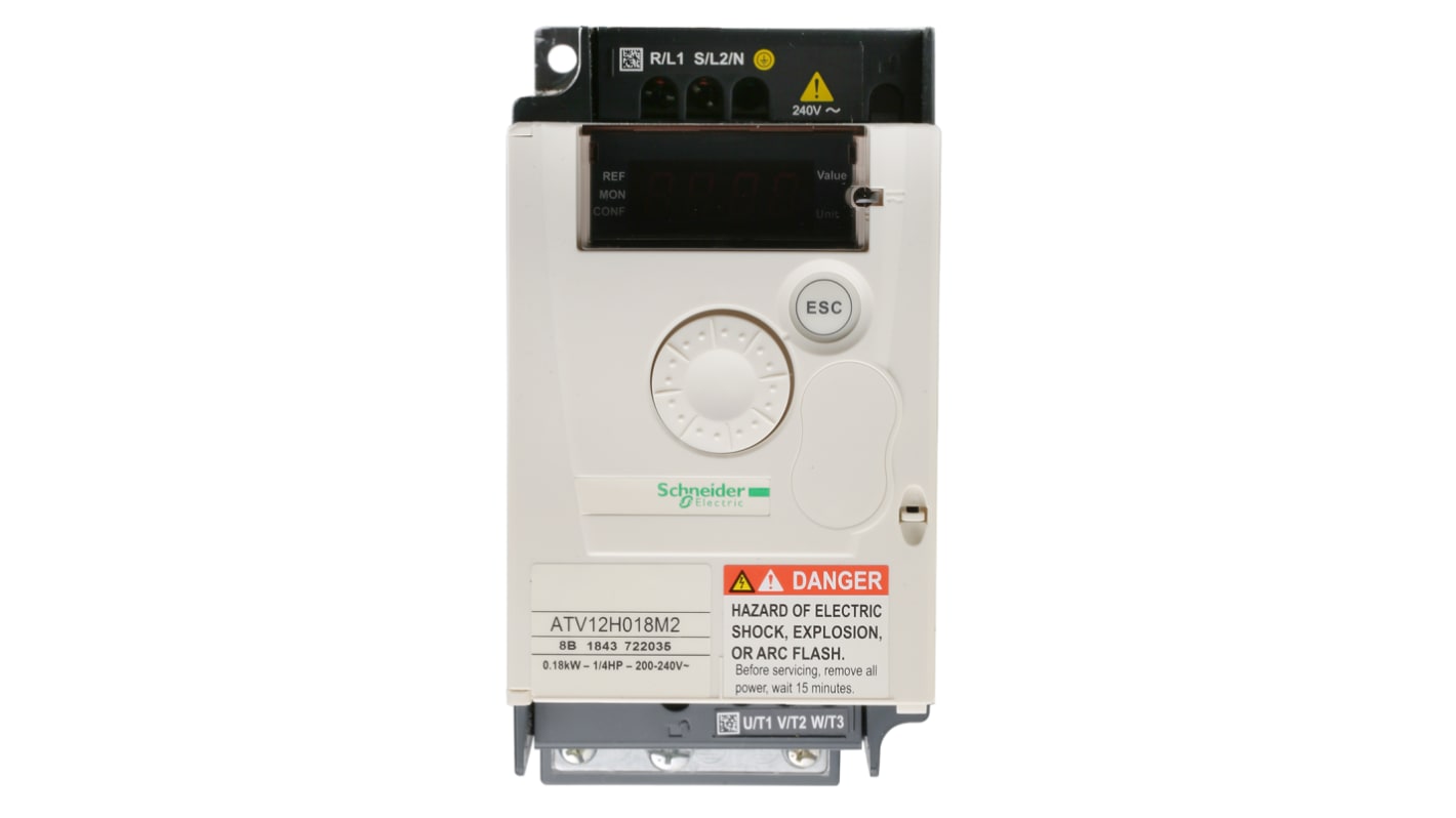 Inverter Schneider Electric ATV12H018M2, 0,18 kW, 230 V c.a., 1 fase, 400Hz. Grado IP20, ideale per azionamenti a velocità regolabile.