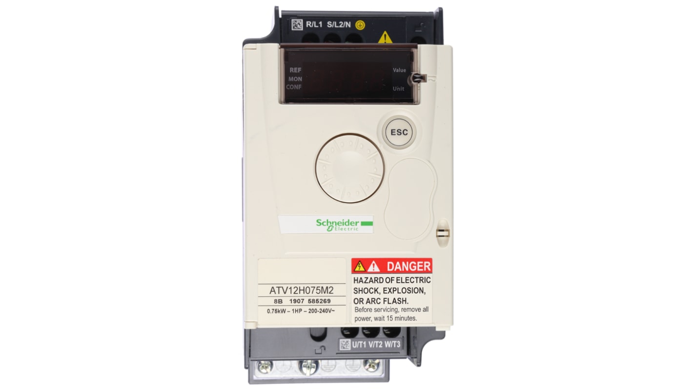 Inverter Schneider Electric ATV12H075M2: 0,75W, 230V c.a., 1 fase, 400Hz - Serie Altivar ATV12 per motori asincroni trifase. Alta efficienza e comunicazione Modbus integrata. Ideale per pompe e trasportatori.