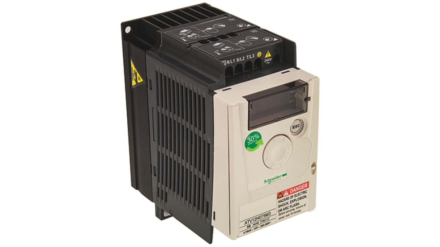 Inverter 3 fasi Schneider Electric ATV12H075M3, potenza 0,75 kW, montaggio su guida DIN, dimensioni 143x72x132 mm.