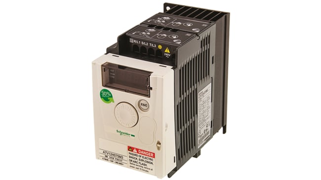 Inverter 3 fasi Schneider Electric ATV12H075M3, potenza 0,75 kW, montaggio su guida DIN, dimensioni 143x72x132 mm.
