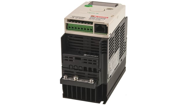 Inverter 3 fasi Schneider Electric ATV12H075M3, potenza 0,75 kW, montaggio su guida DIN, dimensioni 143x72x132 mm.