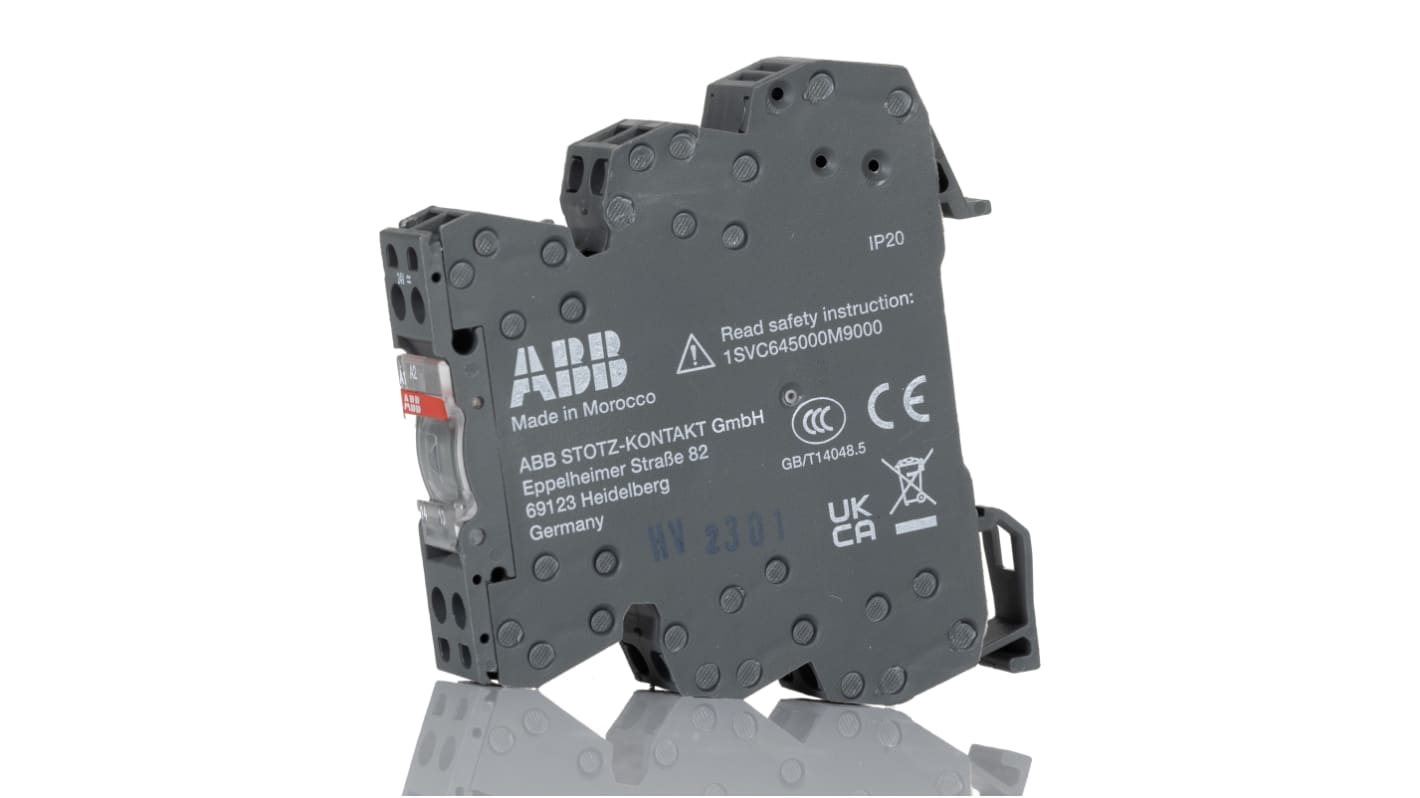 Relè d'interfaccia ABB RB111R-24VUC, 24V, SPST, montaggio su guida DIN, dimensioni 70 x 12 x 75 mm, LED integrato.