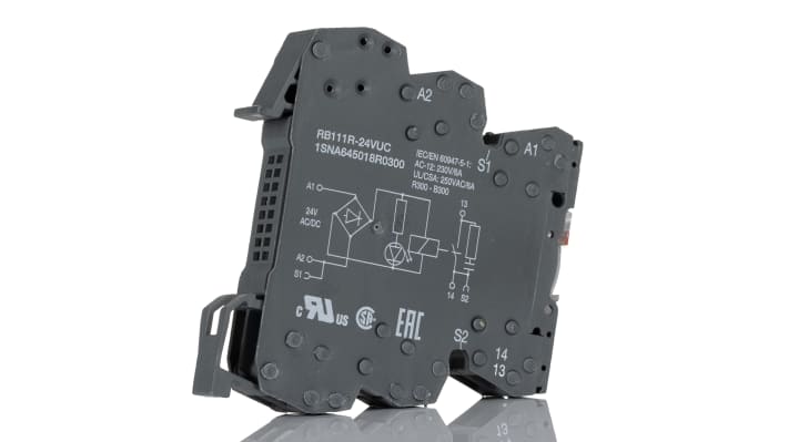 Relè d'interfaccia ABB RB111R-24VUC, 24V, SPST, montaggio su guida DIN, dimensioni 70 x 12 x 75 mm, LED integrato.