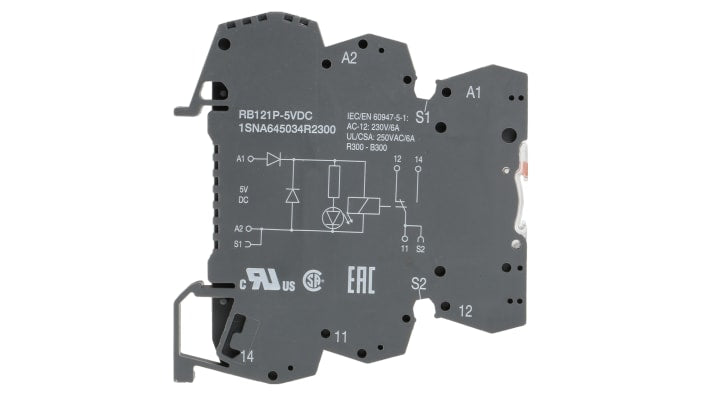 Relè d'interfaccia ABB RB121P-5VDC, bobina 5V cc, contatti SPDT, montaggio su guida DIN, dimensioni 70 x 6 x 75 mm.