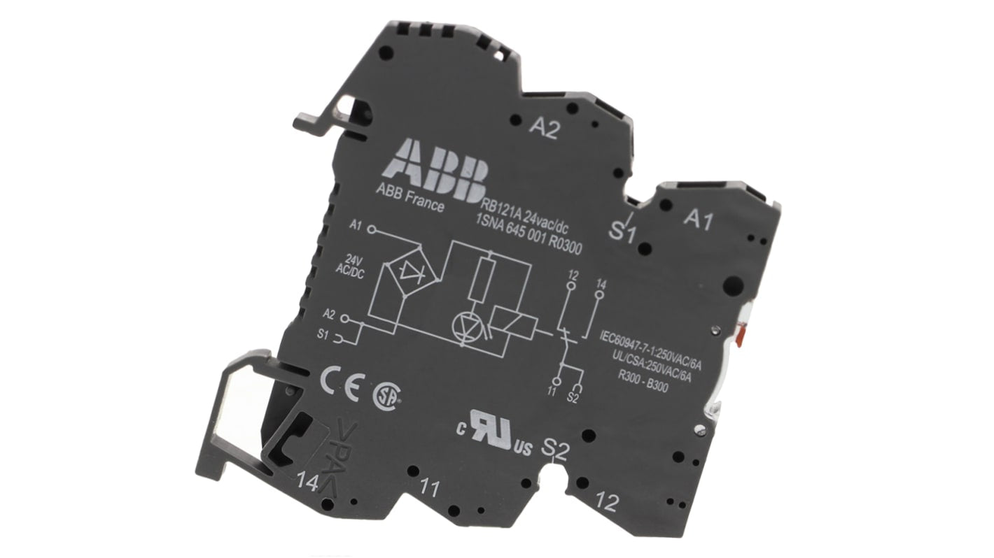 Relè d'interfaccia ABB RB121-24VUC, SPDT, 24 V, 6 A, montaggio su guida DIN, dimensioni 70 x 6 x 75 mm.