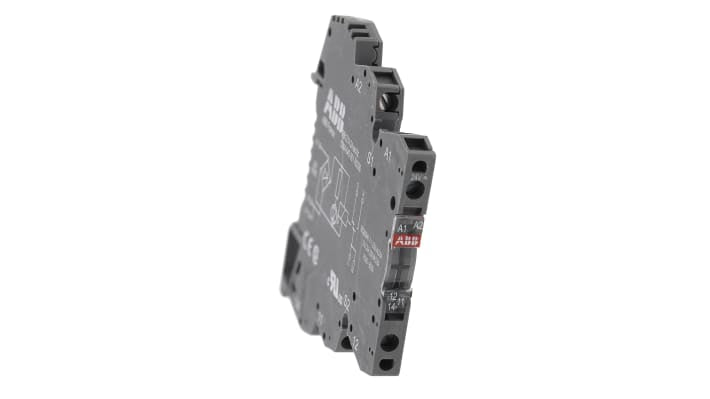 Relè d'interfaccia ABB RB121-24VUC, SPDT, 24 V, 6 A, montaggio su guida DIN, dimensioni 70 x 6 x 75 mm.