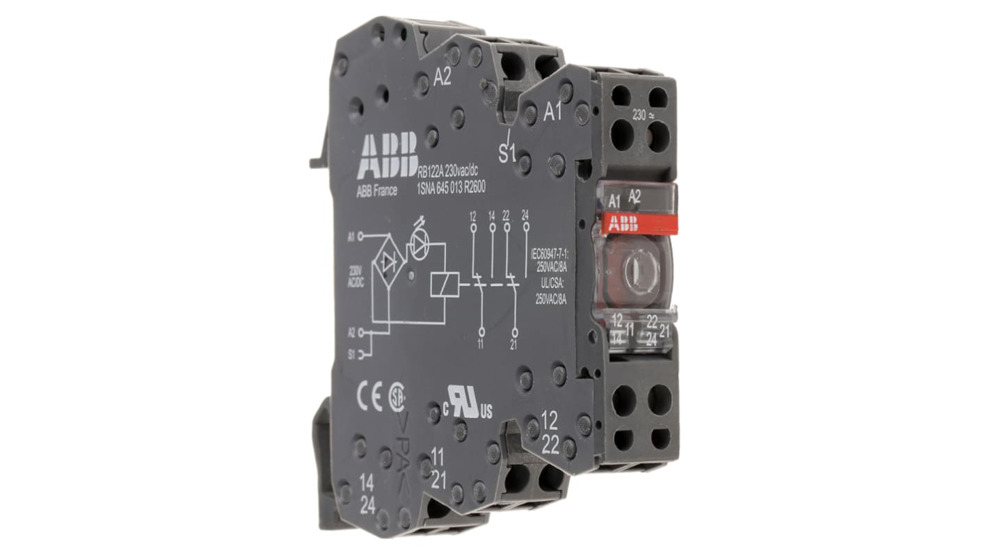 Relè d'interfaccia ABB RB122G-230VUC, DPDT, montaggio su guida DIN, 230V, 6A, dimensioni 70 x 12 x 75mm.