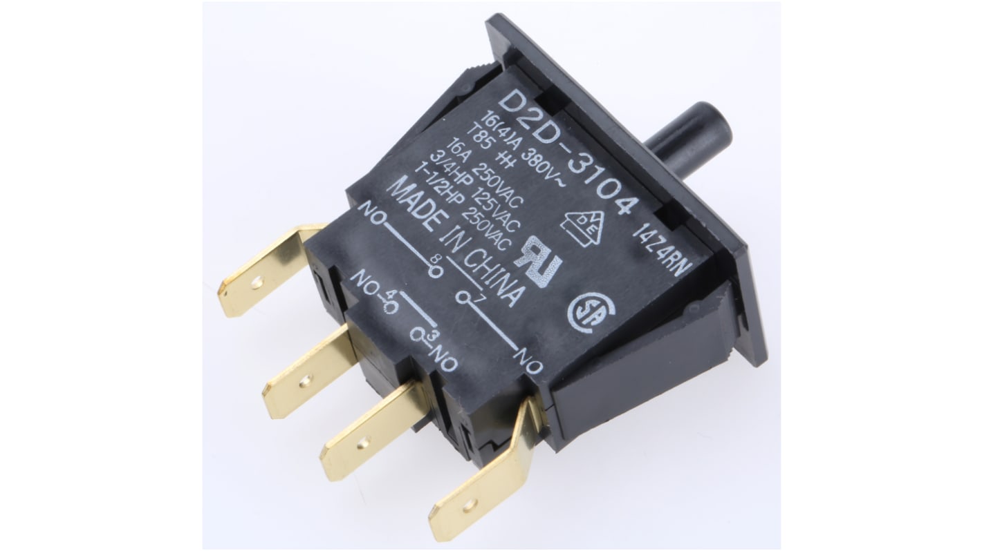 Microinterruttore Omron D2D3104 DPDT-NO, azionamento 5,88 N, corrente 16 A a 250 V, temperatura -25/+85 °C.
