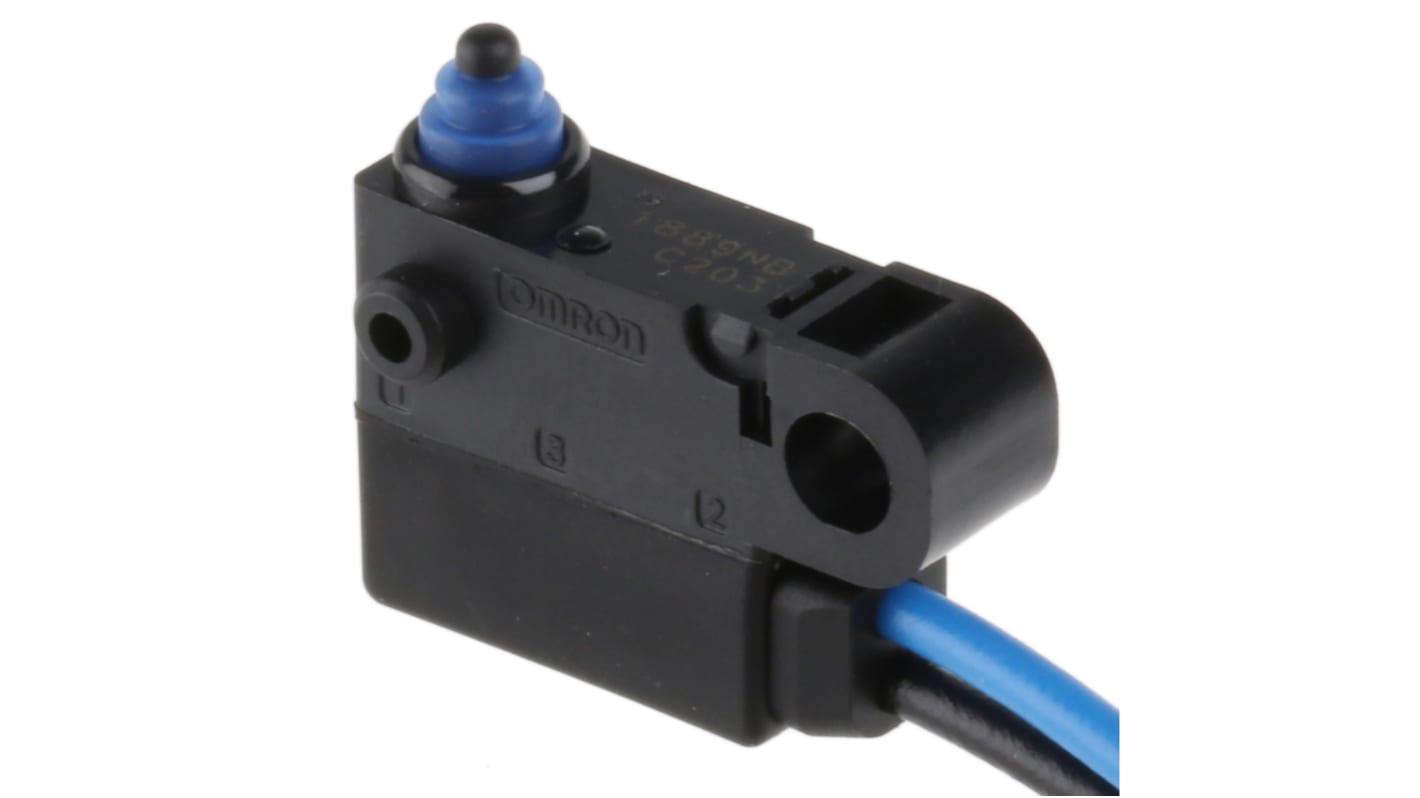 Microinterruttore Omron D2HW-C203MR SPST pre-cablato, sigillato IP67, montaggio a vite, corrente 2 A a 12 V c.c.
