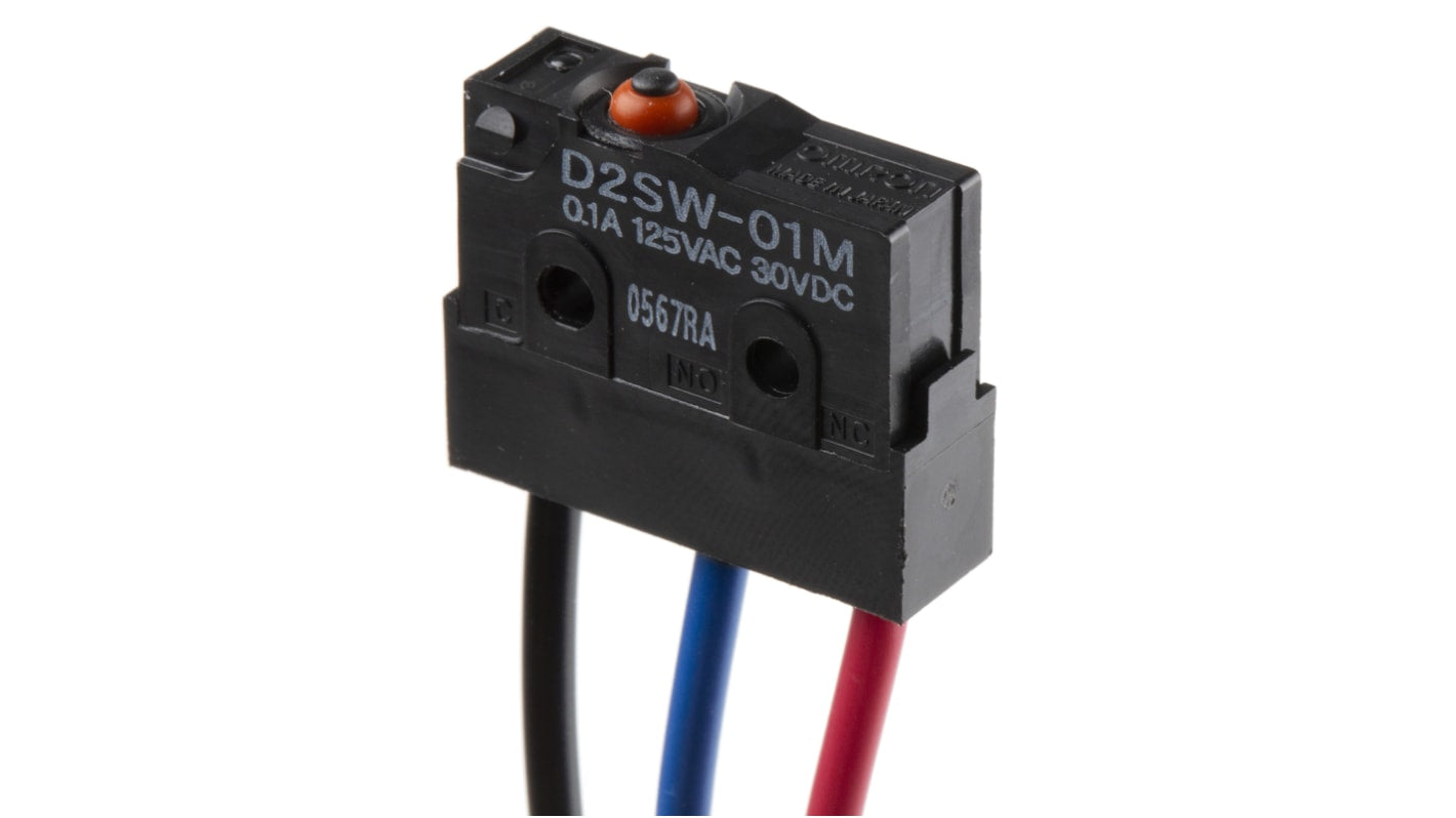 Microinterruttore Omron D2SW-01M SPDT pre-cablato, sigillato IP67, corrente 100 mA a 30 V cc, temperatura -40/+85 °C.