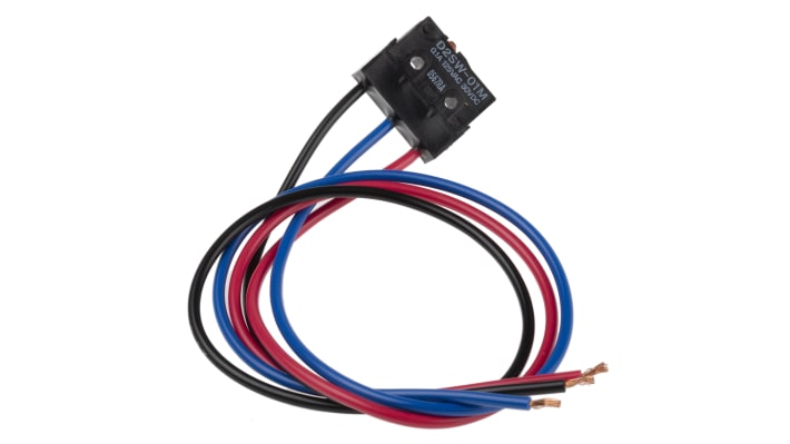 Microinterruttore Omron D2SW-01M SPDT pre-cablato, sigillato IP67, corrente 100 mA a 30 V cc, temperatura -40/+85 °C.