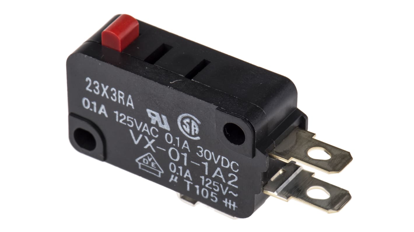 Microinterruttore Omron VX-01-1A2 SPDT a saldare, corrente 100 mA, protezione IP40, durata meccanica 10 milioni di cicli.