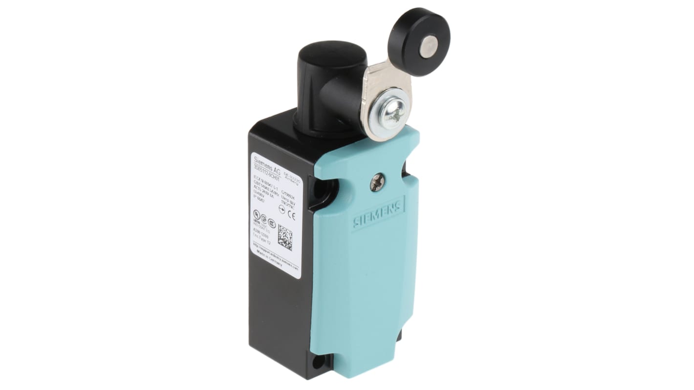 Interruttore di fine corsa Siemens 3SE5112-0CH01, leva a rullo, contatti NO/NC, protezione IP66/IP67, dimensioni 119.5mm x 37.3mm x 40.5mm.