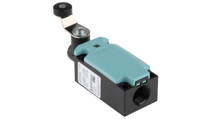 Interruttore di fine corsa Siemens 3SE5112-0CH01, leva a rullo, contatti NO/NC, protezione IP66/IP67, dimensioni 119.5mm x 37.3mm x 40.5mm.
