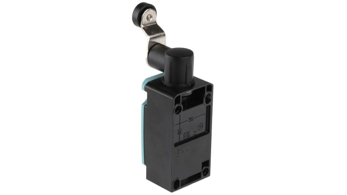 Interruttore di fine corsa Siemens 3SE5112-0CH01, leva a rullo, contatti NO/NC, protezione IP66/IP67, dimensioni 119.5mm x 37.3mm x 40.5mm.