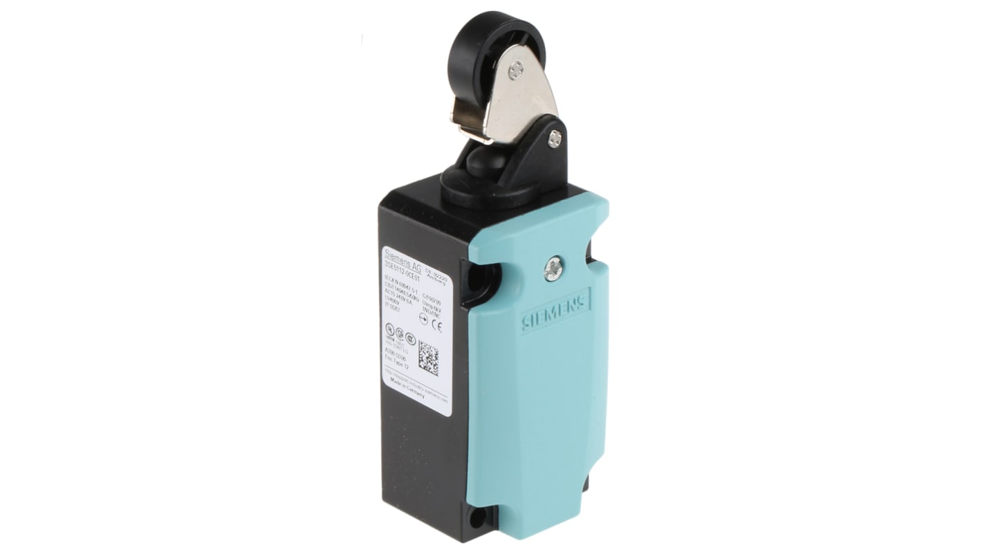Interruttore di fine corsa Siemens 3SE5112-0CE01, leva a rullo, protezione IP66/IP67, montaggio laterale, dimensioni 119x40,5x37,3 mm.
