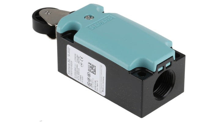 Interruttore di fine corsa Siemens 3SE5112-0CE01, leva a rullo, protezione IP66/IP67, montaggio laterale, dimensioni 119x40,5x37,3 mm.