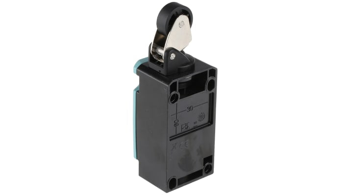 Interruttore di fine corsa Siemens 3SE5112-0CE01, leva a rullo, protezione IP66/IP67, montaggio laterale, dimensioni 119x40,5x37,3 mm.