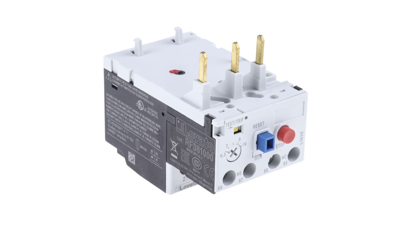 Relè di sovraccarico termico Lovato RF381000, 3 poli, 10 A, montaggio su contattori BF09-BF38, temperatura -25/+60 °C.