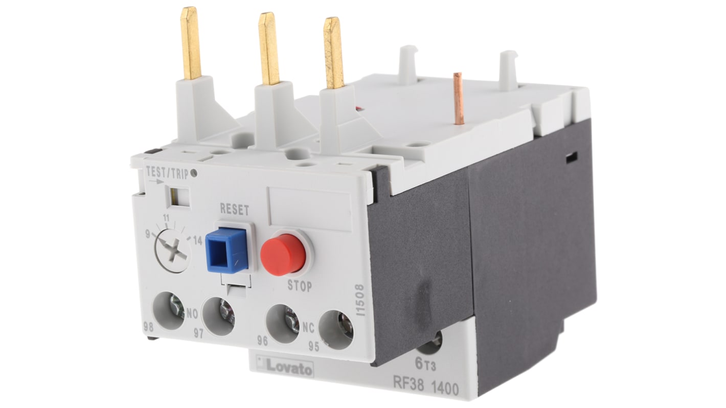 Relè di sovraccarico termico Lovato RF381400, 3 poli, 14 A, montaggio su contattori BF09-BF38, temperatura -25/+60 °C.