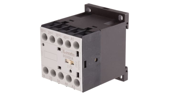 Relè contattore Lovato 11BG0031A230, 4 poli 3NO+1NC, 10 A, 230 V ca, montaggio su guida DIN, dimensioni 44x58x57 mm.