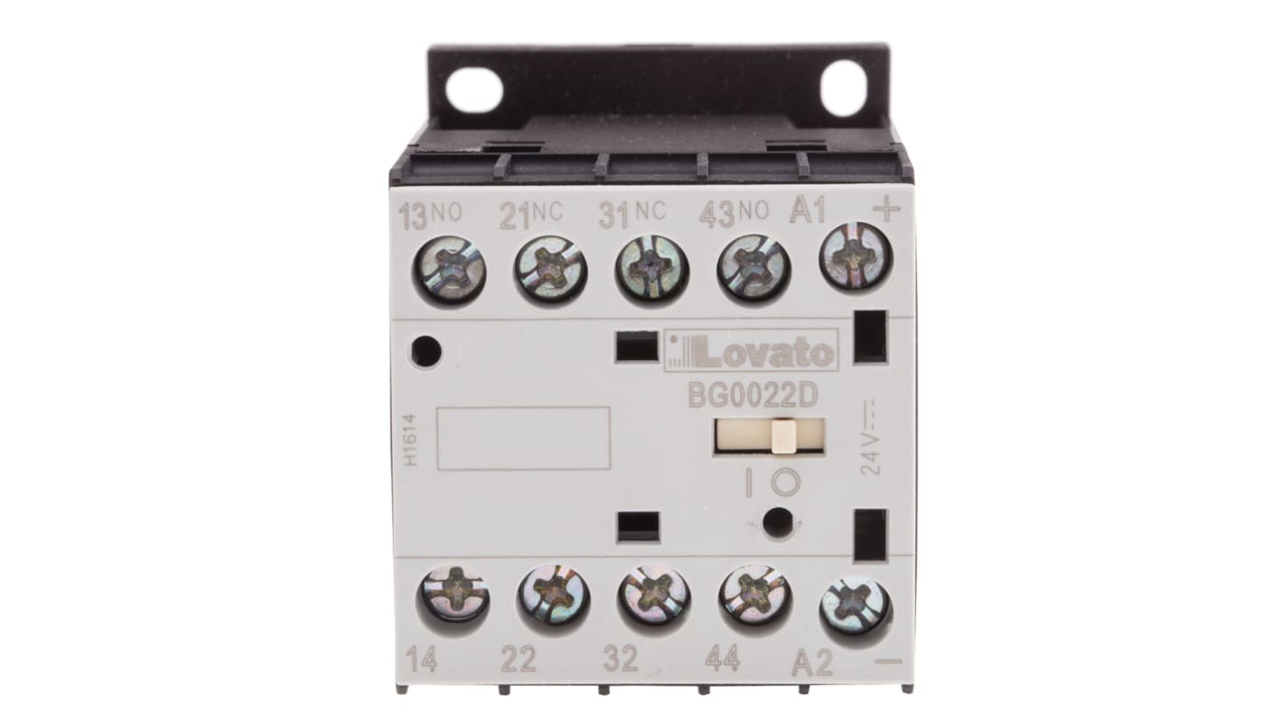 Relè contattore Lovato 11BG0022D024, 4 poli, 2 NO + 2 NC, corrente 10 A, tensione 24 V c.c., montaggio su guida DIN, dimensioni 44x58x57 mm.