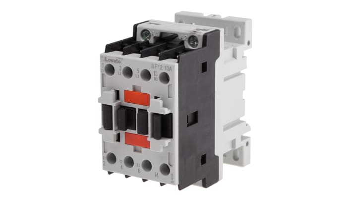 Contattore Lovato BF1210A110, 3 poli, 12 A, bobina 110 V c.a., montaggio su guida DIN 35 mm, dimensioni 45 x 81 x 80.7 mm.