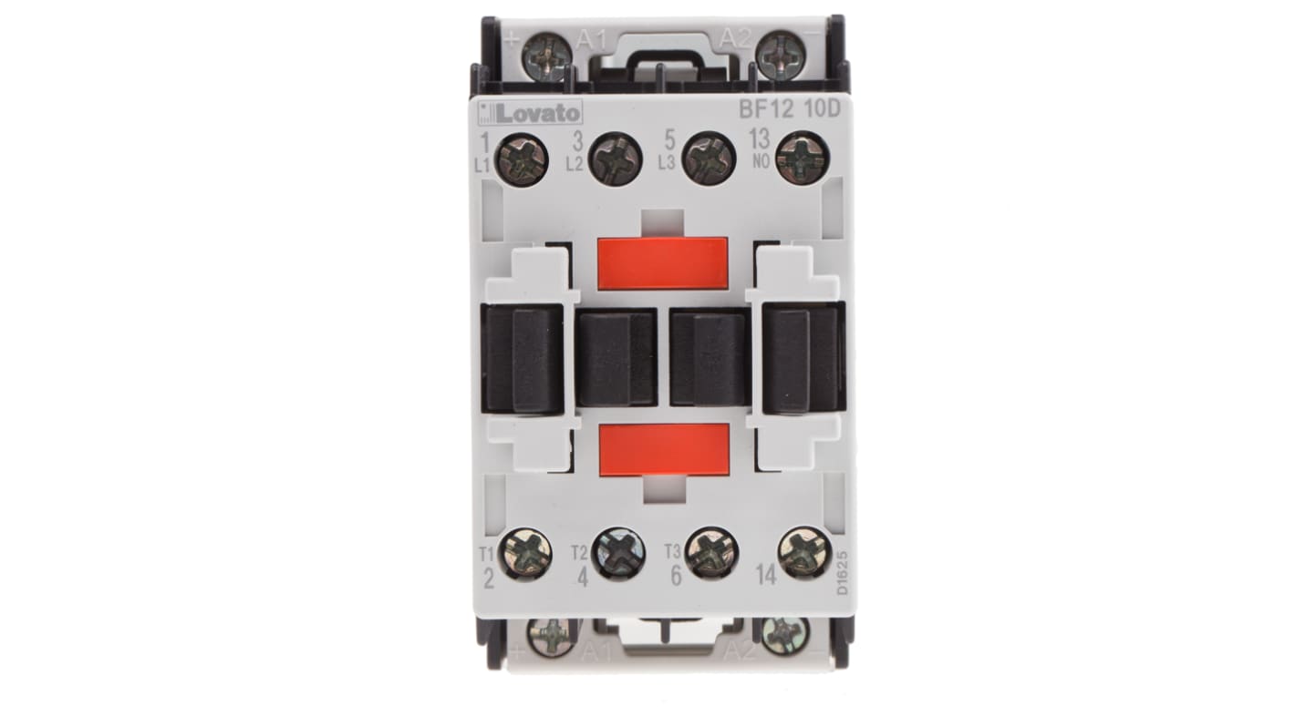 Contattore Lovato BF1210D024, 3 poli, 12 A, bobina 24 V c.c., montaggio su guida DIN 35 mm, dimensioni 81 x 45 x 80.7 mm.