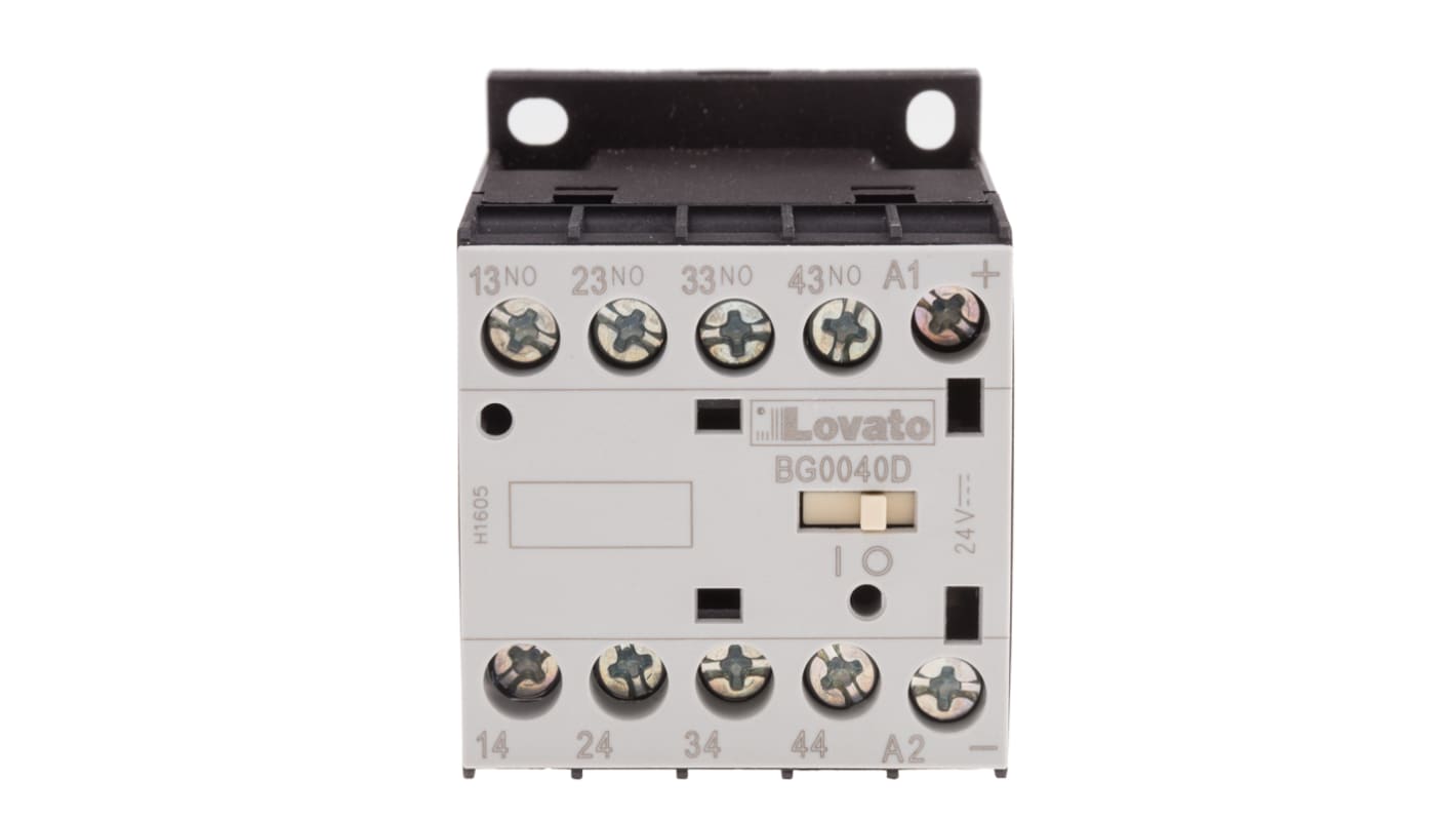 Relè contattore Lovato 11BG0040D024, 4 poli, 4NO, 24 V c.c., montaggio su guida DIN, dimensioni 58x44x57 mm, grado di protezione IP20.