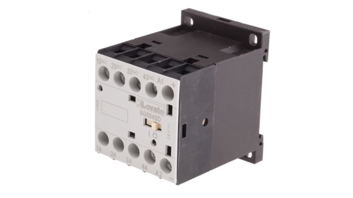 Relè contattore Lovato 11BG0040D024, 4 poli, 4NO, 24 V c.c., montaggio su guida DIN, dimensioni 58x44x57 mm, grado di protezione IP20.