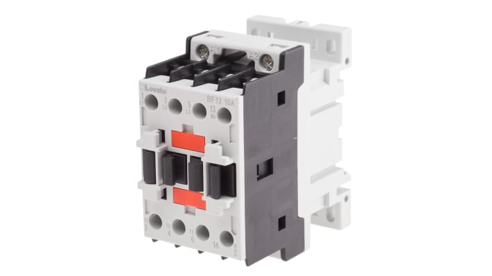 Contattore Lovato BF1210A230, 3 poli, corrente 12 A, montaggio su guida DIN, dimensioni 81x45x80,7 mm, grado di protezione IP20.