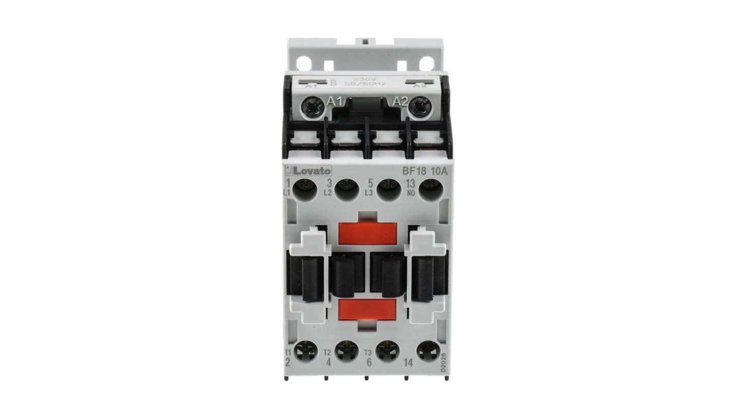 Contattore Lovato BF1810A230, 3 poli, 18 A, bobina 230 V c.a., montaggio su guida DIN, dimensioni 45 x 81 x 80,7 mm.