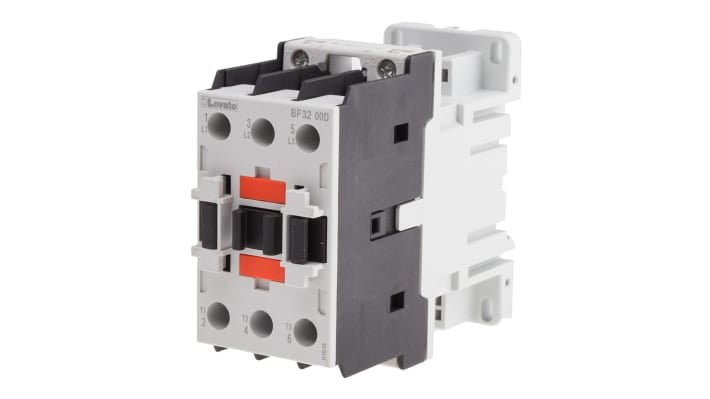 Contattore Lovato BF3200D024, 3 poli, 32 A, bobina 24 V c.c., montaggio su guida DIN 35 mm, dimensioni 45x90x90 mm.