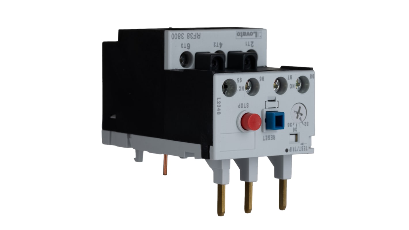 Lovato RF383800, relè di sovraccarico termico 3 poli, 38 A, montaggio su contattori BF, temperatura -25/+60 °C, reset automatico/manuale.