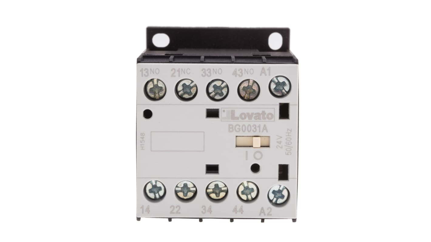 Relè contattore Lovato 11BG0031A024, 4 poli, 10 A, 24 V c.a., montaggio su guida DIN, dimensioni 44x58x57 mm, grado di protezione IP20.