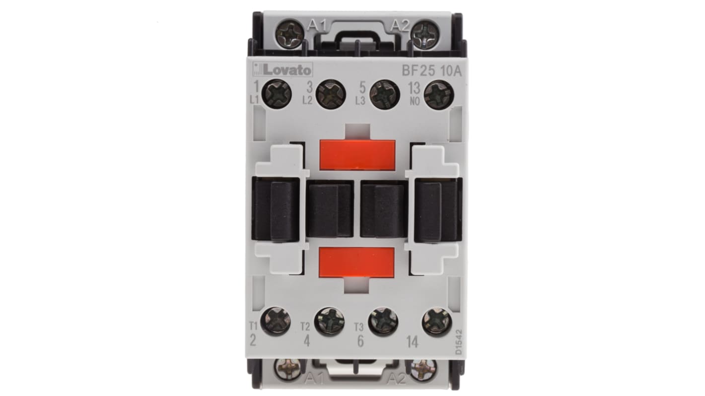 Contattore Lovato BF2510A400, 3 poli, 25 A, montaggio su guida DIN, dimensioni 45x81x80.7 mm, protezione IP20.