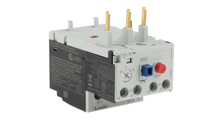 Relè di sovraccarico termico Lovato RF381800, 3 poli, FLC 13-18 A, montaggio su contattori BF, intervallo -25/+60 °C.