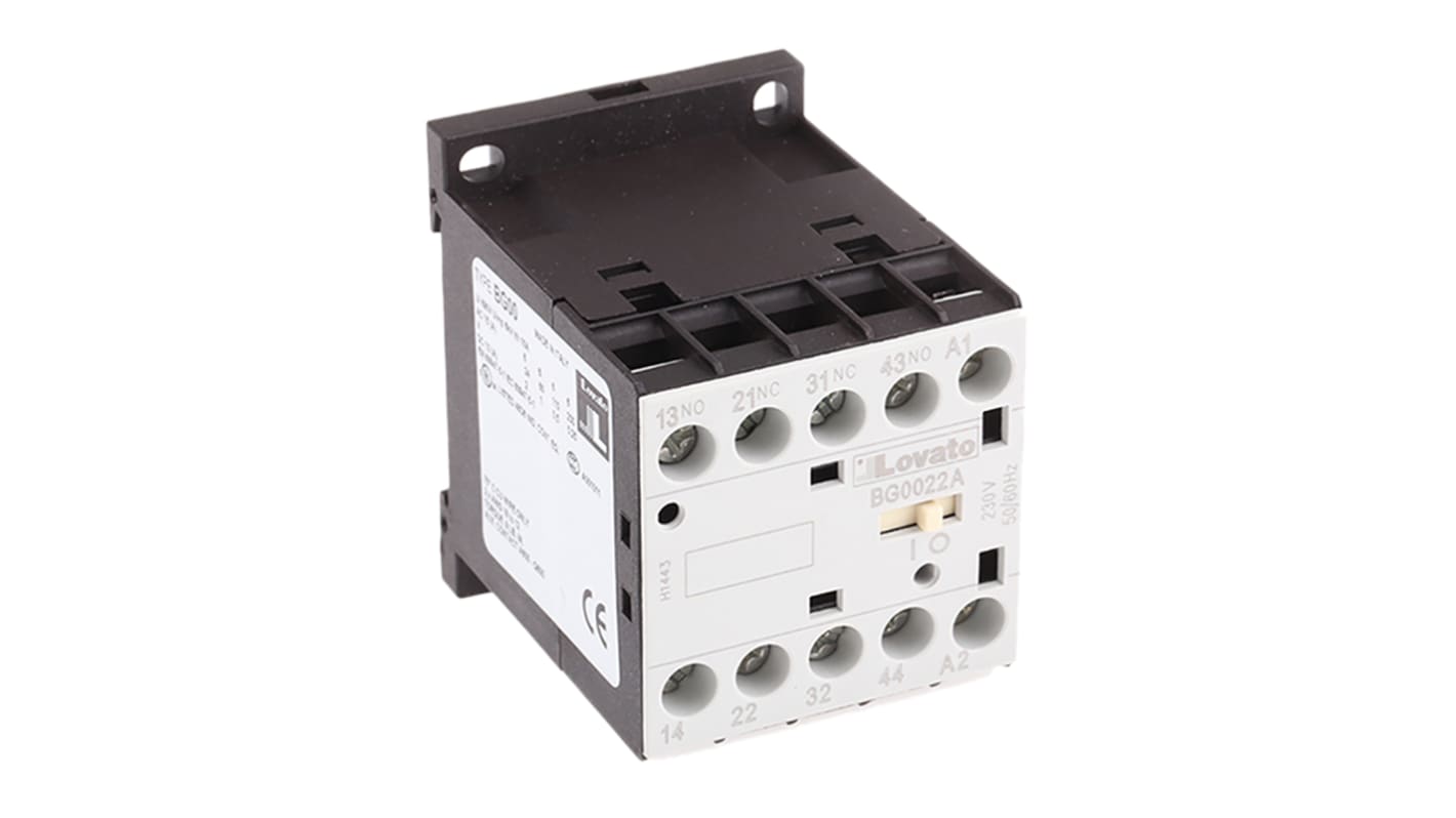 Relè contattore Lovato 11BG0022A230, 4 poli, 10 A, 230 V ca, montaggio su guida DIN, dimensioni 58x44x57 mm, grado di protezione IP20.