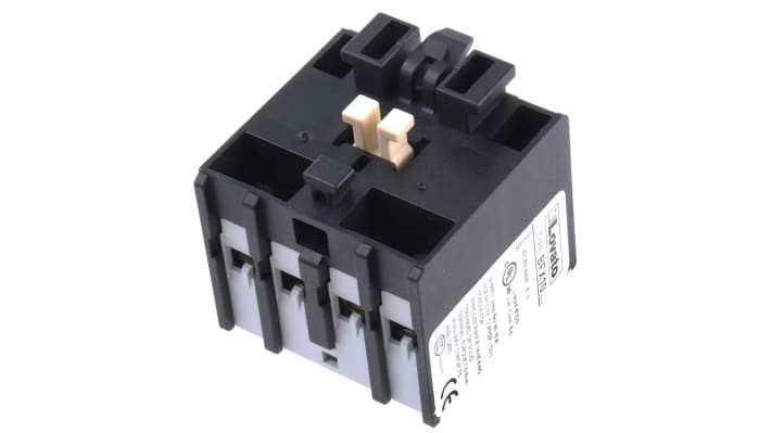 Blocco contatti ausiliari Lovato BFX1022, 4 contatti (2NC + 2NO), montaggio a innesto, corrente 10 A, tensione 690 V, grado di protezione IP20.