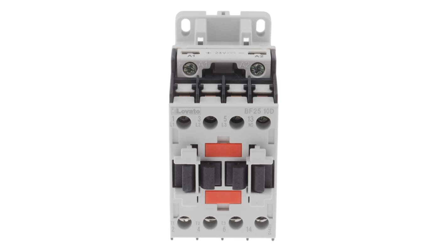Contattore Lovato BF2510D024, 3 poli, 25 A, bobina 24 V c.c., montaggio su guida DIN 35 mm, dimensioni 81 x 45 x 80.7 mm.