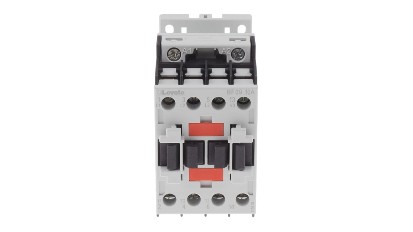 Contattore Lovato BF0910A400, 3 poli, 9 A, bobina 400 V, montaggio su guida DIN 35 mm, dimensioni 81 x 45 x 80.7 mm.